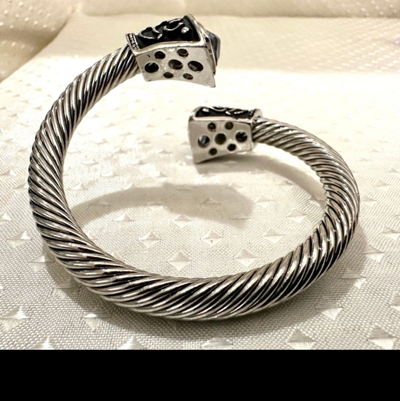 Ornate Designer Inspired Cable Cuff Stainless Steel Blue Crystal Accents - Picture 3 of 5